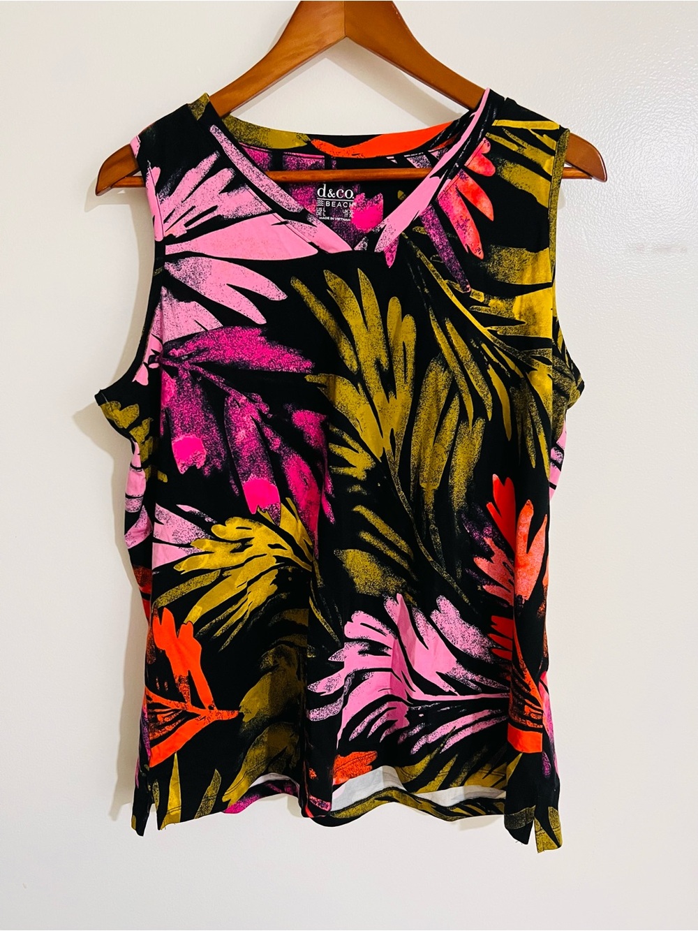 Denim & Co Beach V-Neck Tank Top Large Black Pink Yellow Tropical Floral